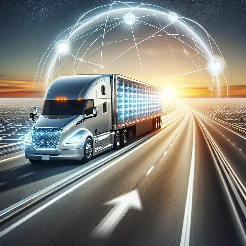 "Hydrogen fuel cell truck on a highway, showcasing its innovative design and capabilities for long-haul transportation, achieving an impressive 1,000-mile driving range."