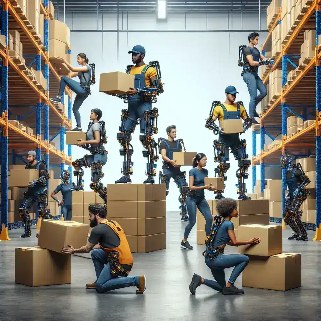 "UPS employee wearing an exoskeleton wearable technology in a U.S. warehouse to minimize injury risks and enhance safety during package handling and lifting tasks."